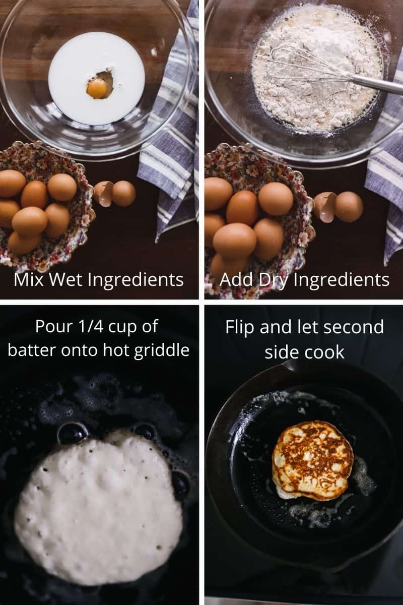 pancake batter with bubbles, pancake ingredients, cast iron