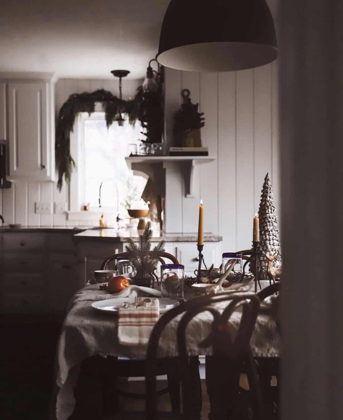 a kitchen decorated for Christmas