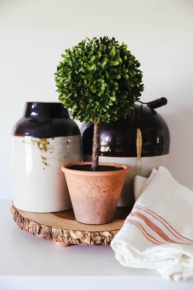 pottery and a topiary grouped on a wooden trivet