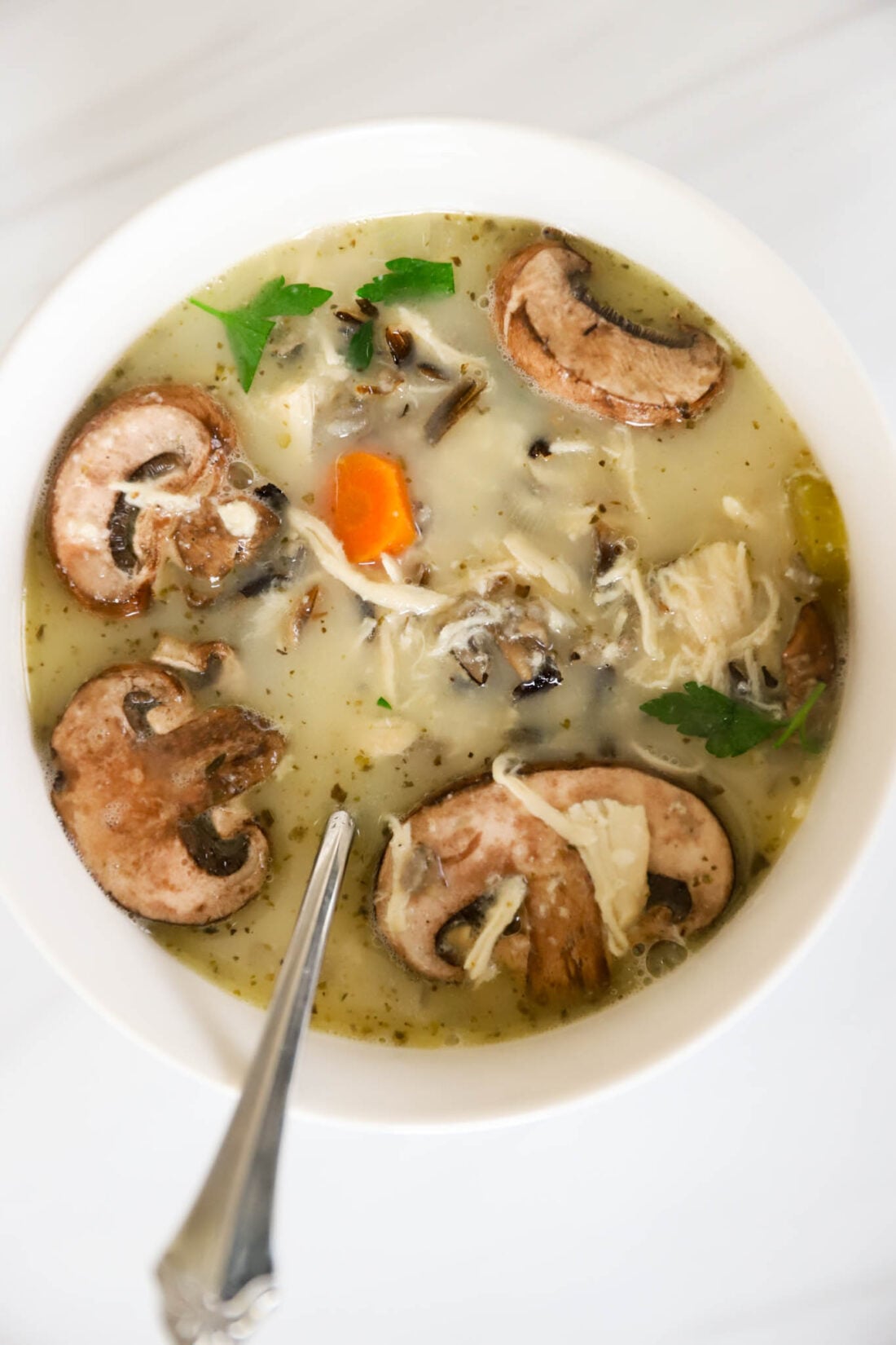 White bowl with wild rice and chicken soup with mushrooms in it.