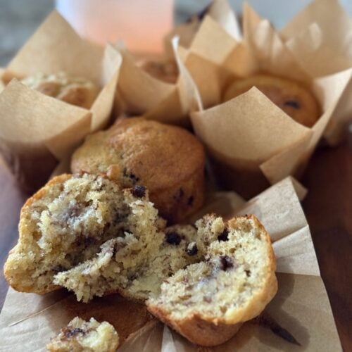 chocolate chip muffin in paper liner
