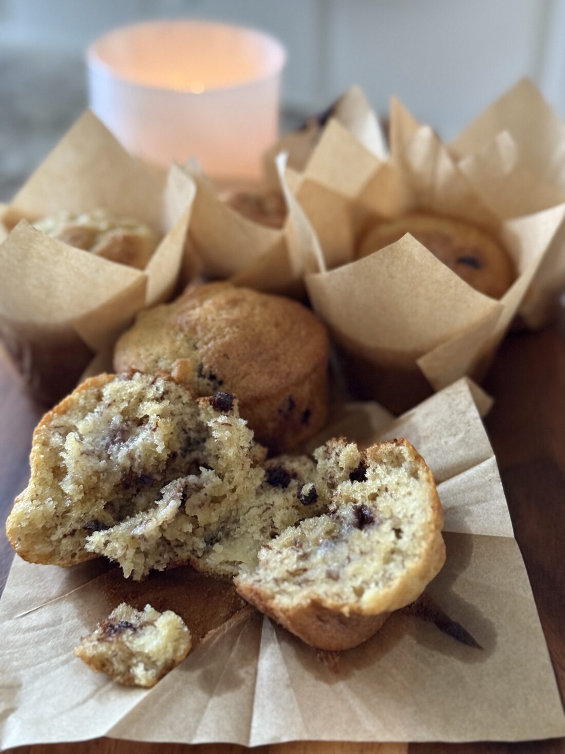 chocolate chip muffin in paper liner