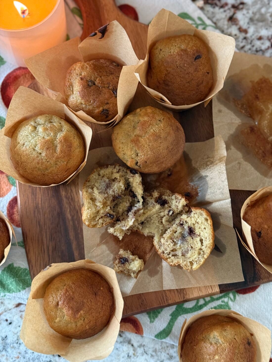 chocolate chip muffin in paper liner